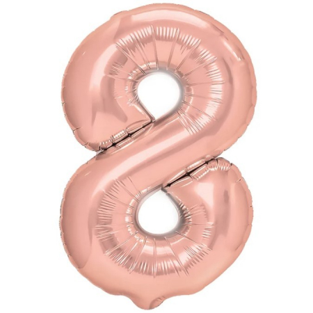 Articole petrecere - Balon din Folie Metalizata Flippy, Figurina Cifra, Tema Aniversare 40 cm, Ambalaj Individual, Pai inclus, Umflare cu Aer sau Heliu, Rose Gold, Cifra 8