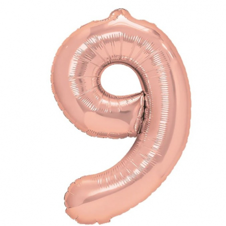 Articole petrecere - Balon din Folie Metalizata Flippy, Figurina Cifra, Tema Aniversare 40 cm, Ambalaj Individual, Pai inclus, Umflare cu Aer sau Heliu, Rose Gold, Cifra 9