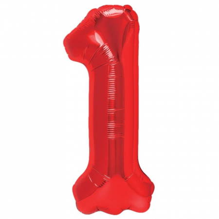 Articole petrecere - Balon din Folie Metalizata Flippy, Figurina Cifra, Tema Aniversare 40 cm, Ambalaj Individual, Pai inclus, Umflare cu Aer sau Heliu, Rosu, Cifra 1
