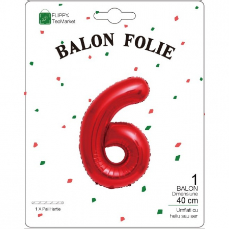 Balon din Folie Metalizata Flippy, Figurina Cifra, Tema Aniversare 40 cm, Ambalaj Individual, Pai inclus, Umflare cu Aer sau Heliu, Rosu, Cifra 6 [1]