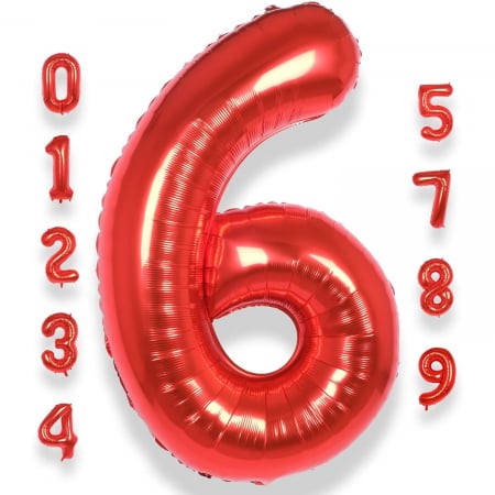 Balon din Folie Metalizata Flippy, Figurina Cifra, Tema Aniversare 40 cm, Ambalaj Individual, Pai inclus, Umflare cu Aer sau Heliu, Rosu, Cifra 6 [12]