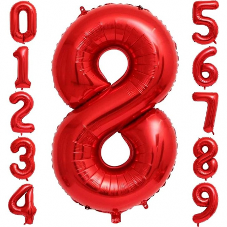 Balon din Folie Metalizata Flippy, Figurina Cifra, Tema Aniversare 40 cm, Ambalaj Individual, Pai inclus, Umflare cu Aer sau Heliu, Rosu, Cifra 8 [3]