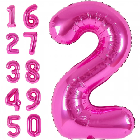 Balon din Folie Metalizata Flippy, Figurina Cifra, Tema Aniversare 40 cm, Ambalaj Individual, Pai inclus, Umflare cu Aer sau Heliu, Roz, Cifra 2 [10]