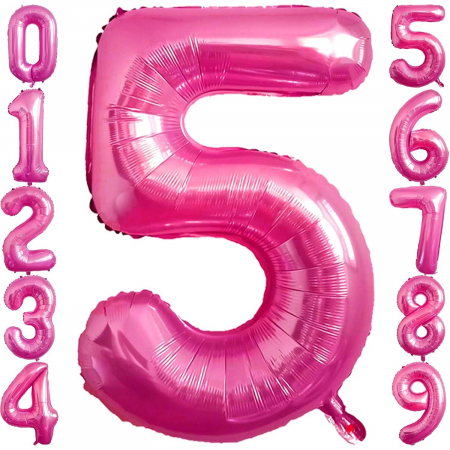 Balon din Folie Metalizata Flippy, Figurina Cifra, Tema Aniversare 40 cm, Ambalaj Individual, Pai inclus, Umflare cu Aer sau Heliu, Roz, Cifra 5 [5]