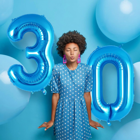 Balon din Folie Metalizata, Flippy, Figurina Cifra, Tema Aniversare 80 cm, Ambalaj Individual, Pai inclus, Umflare cu Aer sau Heliu, Albastru, Cifra 3 [4]