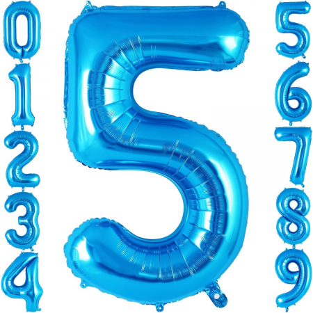 Balon din Folie Metalizata, Flippy, Figurina Cifra, Tema Aniversare 80 cm, Ambalaj Individual, Pai inclus, Umflare cu Aer sau Heliu, Albastru, Cifra 5 [6]