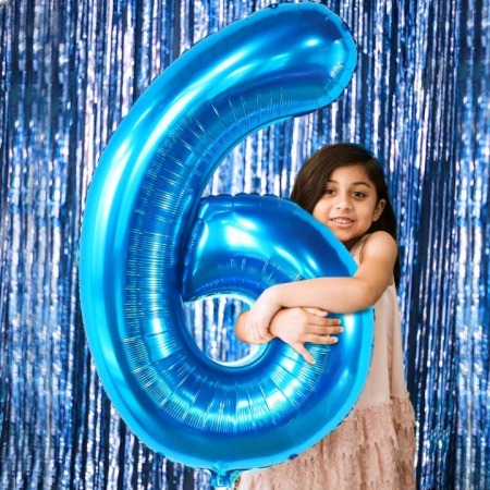 Balon din Folie Metalizata Flippy, Figurina Cifra, Tema Aniversare 80 cm, Ambalaj Individual, Pai inclus, Umflare cu Aer sau Heliu, Albastru, Cifra 6 [6]