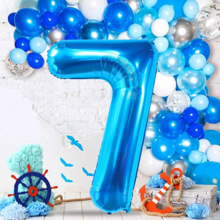 Balon din Folie Metalizata, Flippy, Figurina Cifra, Tema Aniversare 80 cm, Ambalaj Individual, Pai inclus, Umflare cu Aer sau Heliu, Albastru, Cifra 7 [4]
