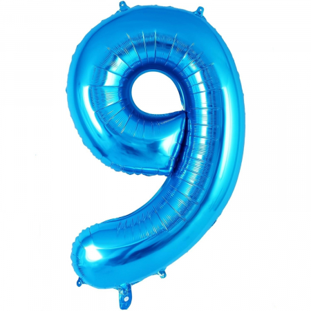 Articole petrecere - Balon din Folie Metalizata, Flippy, Figurina Cifra, Tema Aniversare 80 cm, Ambalaj Individual, Pai inclus, Umflare cu Aer sau Heliu, Albastru, Cifra 9