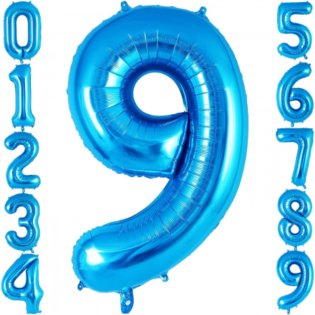 Balon din Folie Metalizata, Flippy, Figurina Cifra, Tema Aniversare 80 cm, Ambalaj Individual, Pai inclus, Umflare cu Aer sau Heliu, Albastru, Cifra 9 [6]