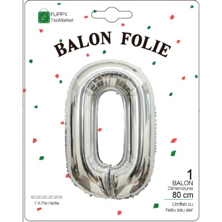 Balon din Folie Metalizata, Flippy, Figurina Cifra, Tema Aniversare 80 cm, Ambalaj Individual, Pai inclus, Umflare cu Aer sau Heliu, Argintiu, Cifra 0 [1]