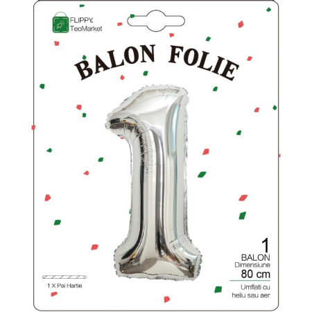 Balon din Folie Metalizata, Flippy, Figurina Cifra, Tema Aniversare 80 cm, Ambalaj Individual, Pai inclus, Umflare cu Aer sau Heliu, Argintiu, Cifra 1 [1]