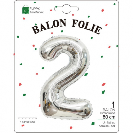 Balon din Folie Metalizata, Flippy, Figurina Cifra, Tema Aniversare 80 cm, Ambalaj Individual, Pai inclus, Umflare cu Aer sau Heliu, Argintiu, Cifra 2 [1]