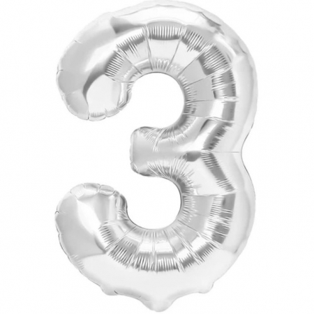 Articole petrecere - Balon din Folie Metalizata, Flippy, Figurina Cifra, Tema Aniversare 80 cm, Ambalaj Individual, Pai inclus, Umflare cu Aer sau Heliu, Argintiu, Cifra 3