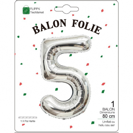 Balon din Folie Metalizata, Flippy, Figurina Cifra, Tema Aniversare 80 cm, Ambalaj Individual, Pai inclus, Umflare cu Aer sau Heliu, Argintiu, Cifra 5 [1]