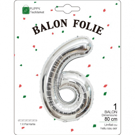 Balon din Folie Metalizata, Flippy, Figurina Cifra, Tema Aniversare 80 cm, Ambalaj Individual, Pai inclus, Umflare cu Aer sau Heliu, Argintiu, Cifra 6 [1]