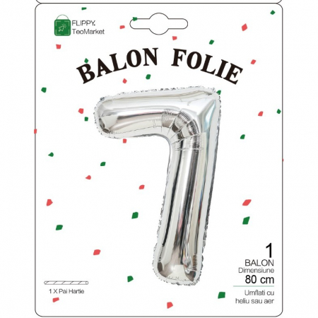 Balon din Folie Metalizata, Flippy, Figurina Cifra, Tema Aniversare 80 cm, Ambalaj Individual, Pai inclus, Umflare cu Aer sau Heliu, Argintiu, Cifra 7 [1]