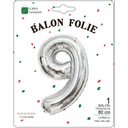 Balon din Folie Metalizata, Flippy, Figurina Cifra, Tema Aniversare 80 cm, Ambalaj Individual, Pai inclus, Umflare cu Aer sau Heliu, Argintiu, Cifra 9 [1]