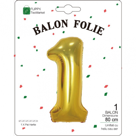 Balon din Folie Metalizata Flippy, Figurina Cifra, Tema Aniversare 80 cm, Ambalaj Individual, Pai inclus, Umflare cu Aer sau Heliu, Auriu, Cifra 1 [1]