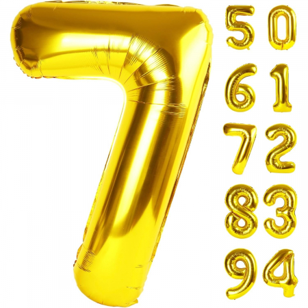 Balon din Folie Metalizata Flippy, Figurina Cifra, Tema Aniversare 80 cm, Ambalaj Individual, Pai inclus, Umflare cu Aer sau Heliu, Auriu, Cifra 7 [7]