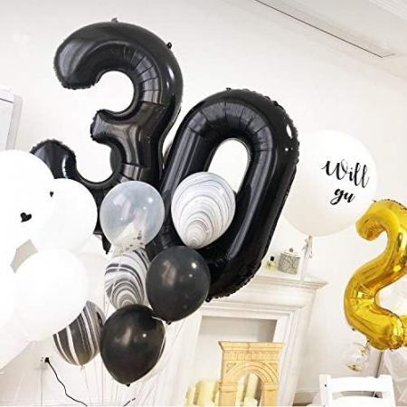 Balon din Folie Metalizata, Flippy, Figurina Cifra, Tema Aniversare 80 cm, Ambalaj Individual, Pai inclus, Umflare cu Aer sau Heliu, Negru, Cifra 3 [2]