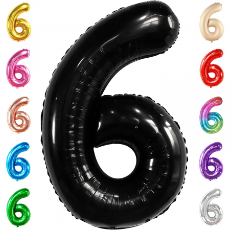 Balon din Folie Metalizata, Flippy, Figurina Cifra, Tema Aniversare 80 cm, Ambalaj Individual, Pai inclus, Umflare cu Aer sau Heliu, Negru, Cifra 6 [7]