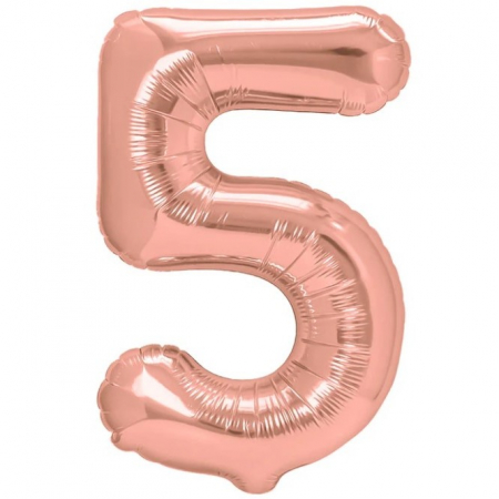 Articole petrecere - Balon din Folie Metalizata Flippy, Figurina Cifra, Tema Aniversare 80 cm, Ambalaj Individual, Pai inclus, Umflare cu Aer sau Heliu, Rose, Cifra 5