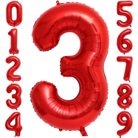 Balon din Folie Metalizata Flippy, Figurina Cifra, Tema Aniversare 80 cm, Ambalaj Individual, Pai inclus, Umflare cu Aer sau Heliu, Rosu, Cifra 3 [2]