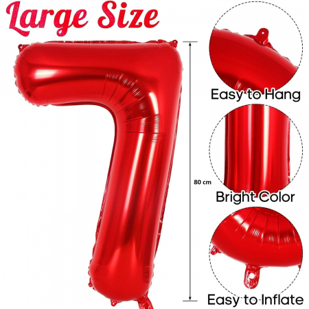 Balon din Folie Metalizata Flippy, Figurina Cifra, Tema Aniversare 80 cm, Ambalaj Individual, Pai inclus, Umflare cu Aer sau Heliu, Rosu, Cifra 7 [1]