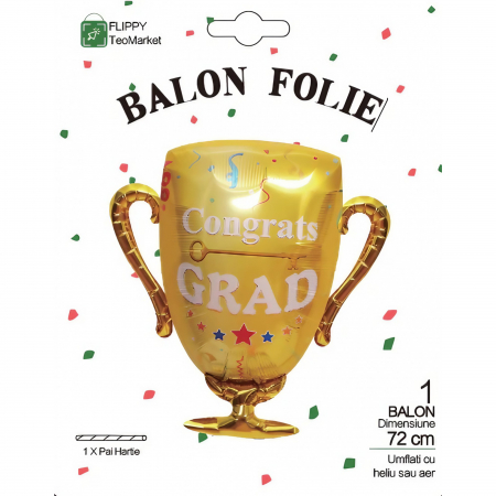 Balon din Folie Metalizata, Flippy, Figurina Cupa, Tema Absolvire, 65x72cm, Ambalaj Individual, Pai Inclus, Umflare cu Aer sau Heliu, Galben [7]