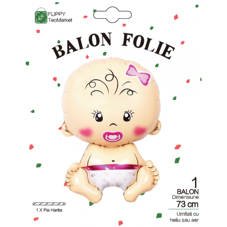Balon din Folie Metalizata, Flippy, Figurina Fetita, Tema Botez, 73x48 cm, Ambalaj Individual, Pai Inclus, Umflare cu Aer sau Heliu, Roz [9]