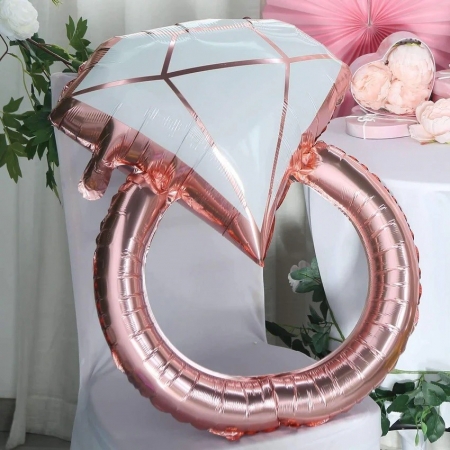 ! LICHIDARE DE STOC ! Balon din Folie Metalizata, Flippy, Figurina Inel de Logodna, Model Diamant, Tema Nunta, 60 cm, Ambalaj Individual, Pai Inclus, Umflare cu Aer sau Heliu, Roz [1]
