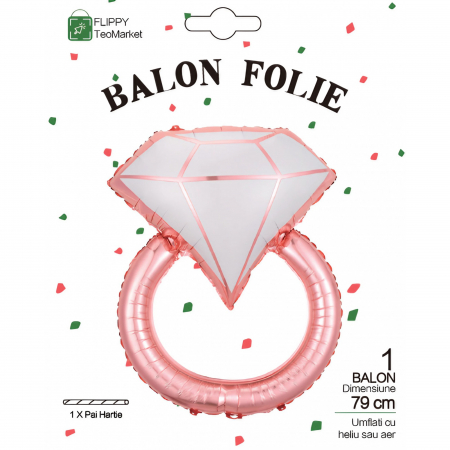 Balon din Folie Metalizata, Flippy, Figurina Inel de Logodna, Model Diamant, Tema Nunta, 60 cm, Ambalaj Individual, Pai Inclus, Umflare cu Aer sau Heliu, Roz [5]