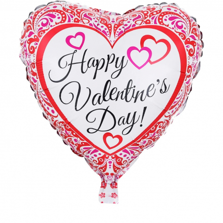 Balon din Folie Metalizata, Flippy, Figurina Inimioara, Model Happy Valentine&#039;s Day, Tematica Iubire, 45 cm, Ambalaj Individual, Pai Inclus, Umflare cu Aer sau Heliu, Rosu [1]