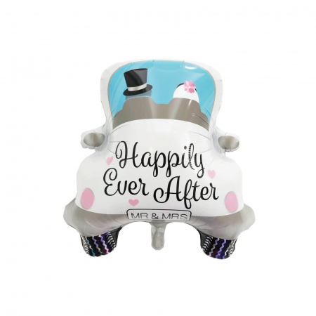 Articole petrecere - Balon din Folie Metalizata, Flippy, Figurina Masina, Model Nunta Happily Ever After, Tema Nunta, 60 x 63 cm, Ambalaj Individual, Pai Inclus, Umflare cu Aer sau Heliu, Alb