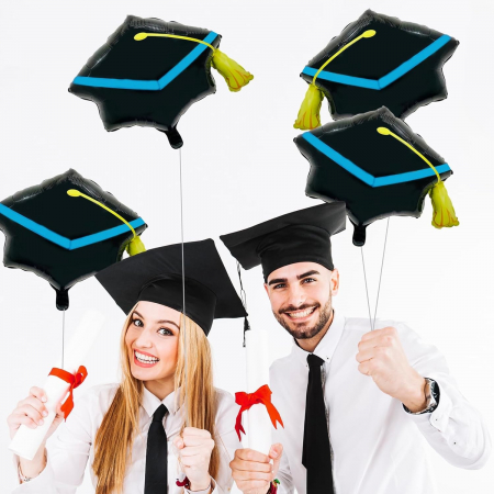 Balon din Folie Metalizata, Flippy, Figurina, Model Toca Congrats Grad, Tematica Absolvire, 56x70 cm, Ambalaj Individual, Pai Inclus, Umflare cu Aer sau Heliu, Negru-Albastru [2]