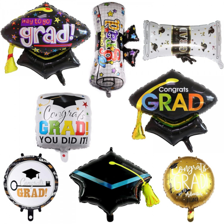 Balon din Folie Metalizata, Flippy, Figurina, Model Toca Congrats Grad, Tematica Absolvire,  66x66 cm, Ambalaj Individual, Pai Inclus, Umflare cu Aer sau Heliu, Negru [8]