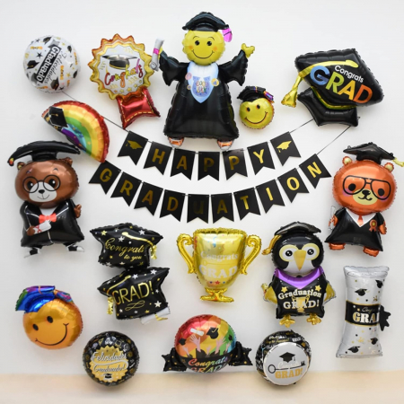 Balon din Folie Metalizata, Flippy, Figurina, Model Toca Congrats Grad, Tematica Absolvire,  66x66 cm, Ambalaj Individual, Pai Inclus, Umflare cu Aer sau Heliu, Negru [7]