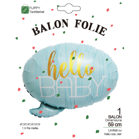 Balon din Folie Metalizata, Flippy, Figurina Norisor, Tema Hello Baby , 59x50 cm, Ambalaj Individual, Pai Inclus, Umflare cu Aer sau Heliu, Albastru [4]