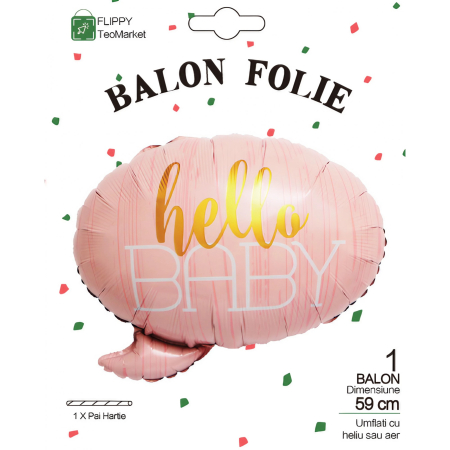 Balon din Folie Metalizata, Flippy, Figurina Norisor, Tema Hello Baby , 59x50 cm, Ambalaj Individual, Pai Inclus, Umflare cu Aer sau Heliu, Roz [5]