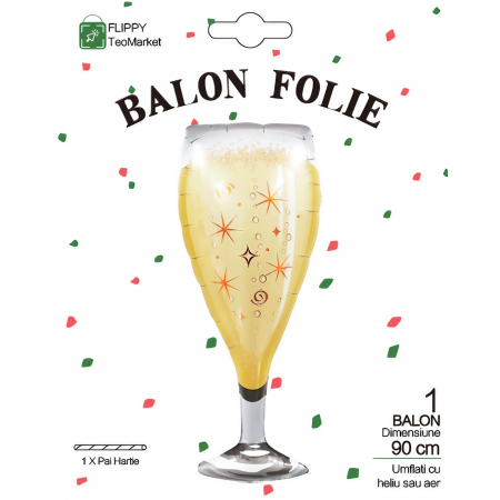 Balon din Folie Metalizata, Flippy, Figurina Pahar de Sampanie, Tema Aniversare, 100x40 cm, Ambalaj Individual, Pai Inclus, Umflare cu Aer sau Heliu, Auriu [5]