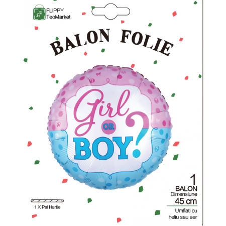 Balon din Folie Metalizata, Flippy, Figurina Rotunda, Model Girl or Boy, Tema Gender Reveal, 45 cm, Ambalaj Individual, Pai Inclus, Umflare cu Aer sau Heliu, Albastru/Roz [3]