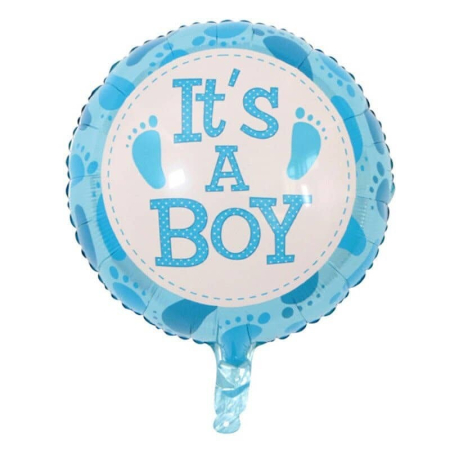 Articole petrecere - Balon din Folie Metalizata, Flippy, Figurina Rotunda, Model It's a Boy, Tema Gender Reveal, 45 cm, Ambalaj Individual, Pai Inclus, Umflare cu Aer sau