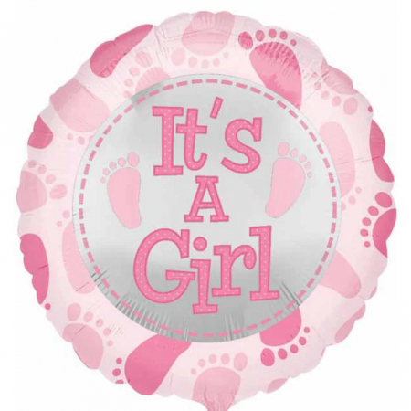 Balon din Folie Metalizata, Flippy, Figurina Rotunda, Model It&#039;s a Girl, Tema Gender Reveal, 45 cm, Ambalaj Individual, Pai Inclus, Umflare cu Aer sau Heliu, Roz [2]