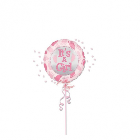 Balon din Folie Metalizata, Flippy, Figurina Rotunda, Model It&#039;s a Girl, Tema Gender Reveal, 45 cm, Ambalaj Individual, Pai Inclus, Umflare cu Aer sau Heliu, Roz [1]