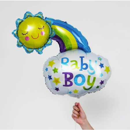 Balon din Folie Metalizata, Flippy, Figurina Soare si Nor, Tema Botez, 60x53 cm, Ambalaj Individual, Pai Inclus, Umflare cu Aer sau Heliu, Albastru [2]