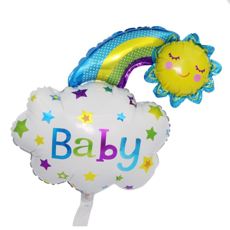 Cadouri și petreceri - Balon din Folie Metalizata, Flippy, Figurina Soare si Nor, Tema Botez, 60x53 cm, Ambalaj Individual, Pai Inclus, Umflare cu Aer sau Heliu, Albastru