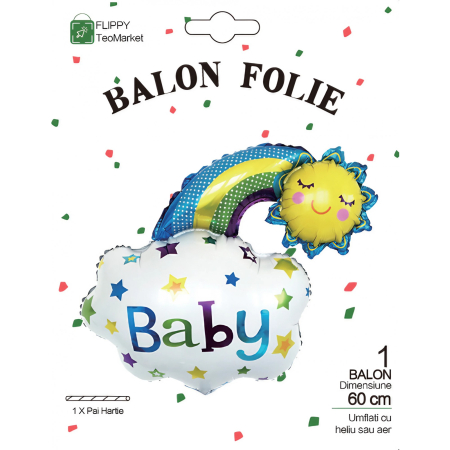 Balon din Folie Metalizata, Flippy, Figurina Soare si Nor, Tema Botez, 60x53 cm, Ambalaj Individual, Pai Inclus, Umflare cu Aer sau Heliu, Albastru [4]