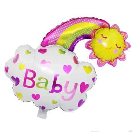 Cadouri și petreceri - Balon din Folie Metalizata, Flippy, Figurina Soare si Nor, Tema Botez, 60x53 cm, Ambalaj Individual, Pai Inclus, Umflare cu Aer sau Heliu, Roz