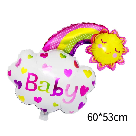 Balon din Folie Metalizata, Flippy, Figurina Soare si Nor, Tema Botez, 60x53 cm, Ambalaj Individual, Pai Inclus, Umflare cu Aer sau Heliu, Roz [1]